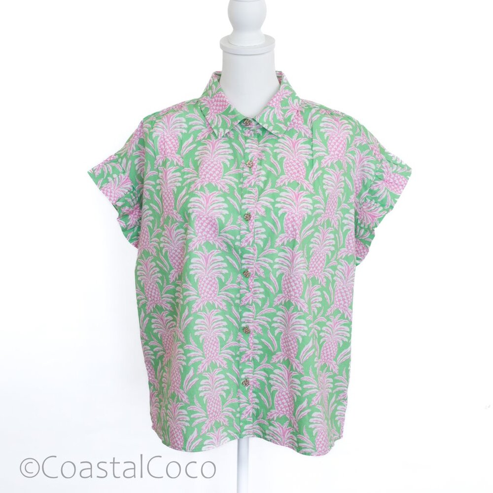 Crown & Ivy Pineapple Button Down L Shirt 100% Cotton Tropical Vacation Coastal